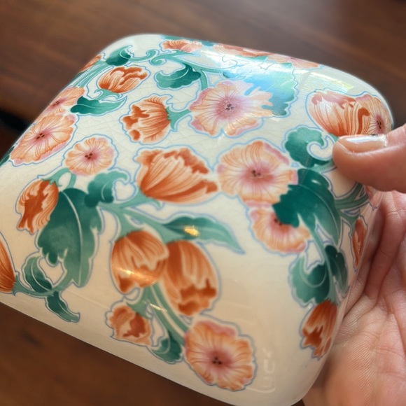 Vintage Made in Japan Square Ceramic Box With Lid Peach Floral Design With Tray - Picture 3 of 6